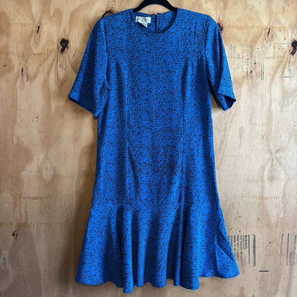 Vintage SAMANTHA STEVENS Blue & Black Polka Dot Drop Waist Dress Size 10